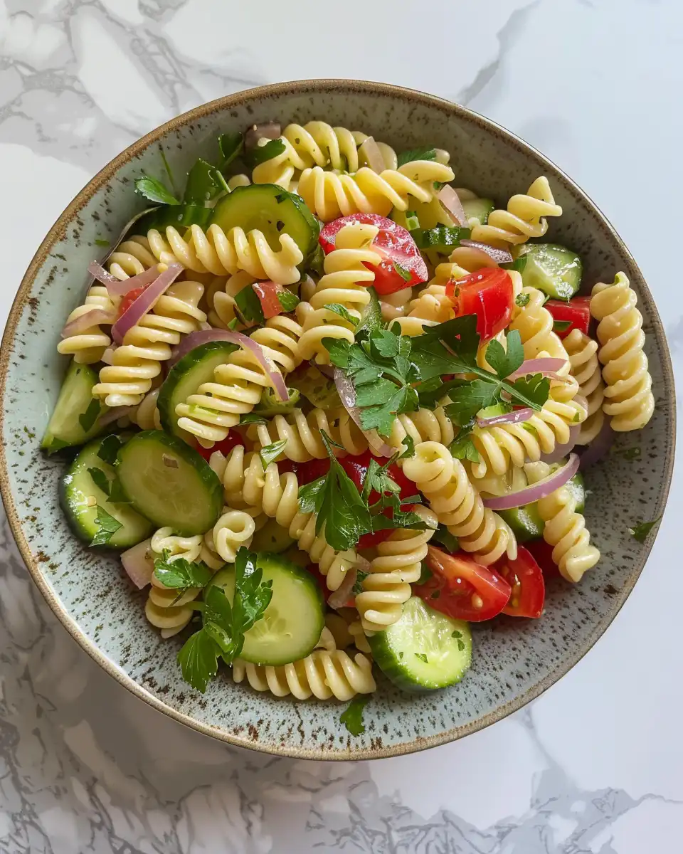 Ingredients for cucumber pasta salad mixed in a bowl