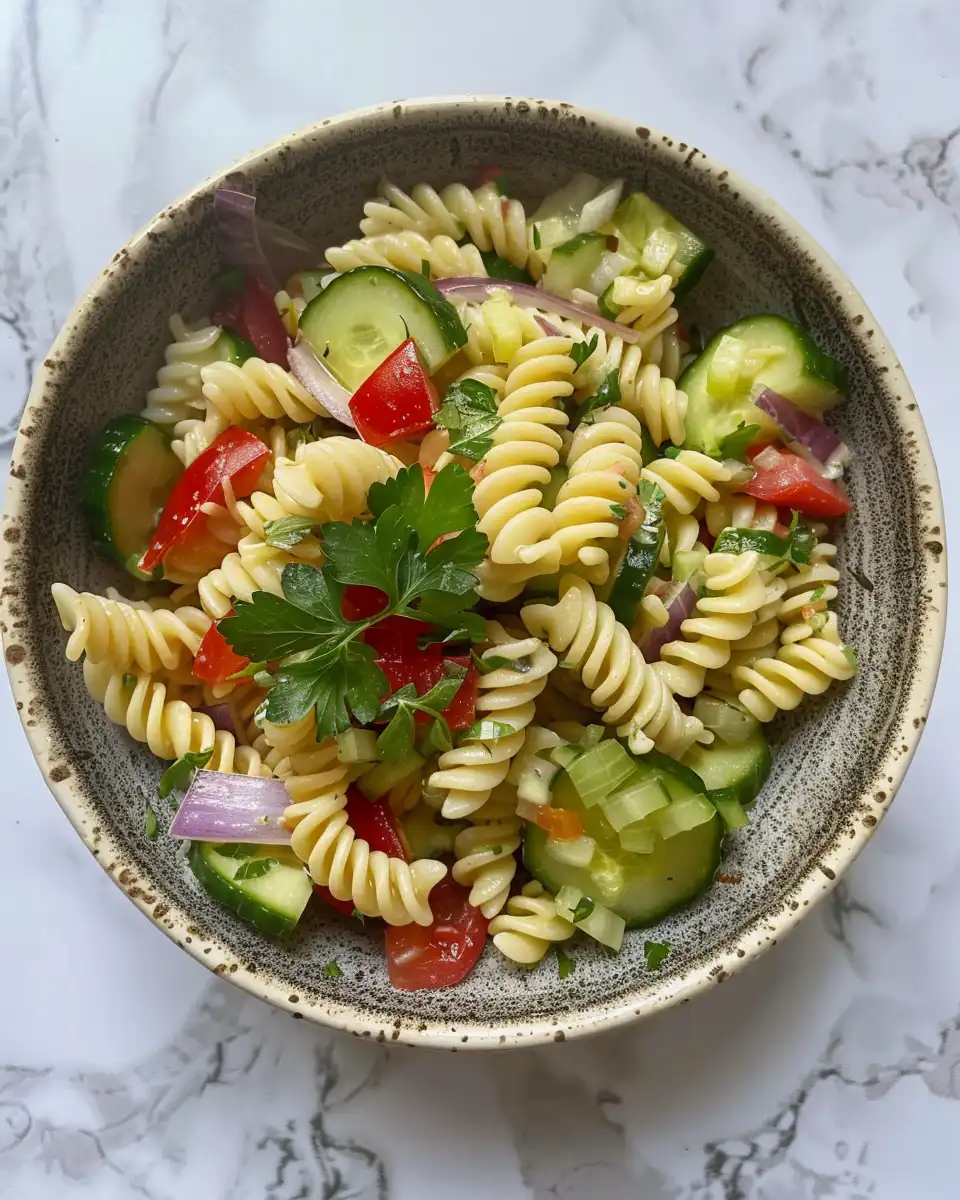Served cucumber pasta salad on plate ready to eat