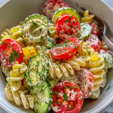 Cucumber Pasta Salad taken with iphone 15 pro max --iw 2 --ar 4:5 --v 6.0 --raw