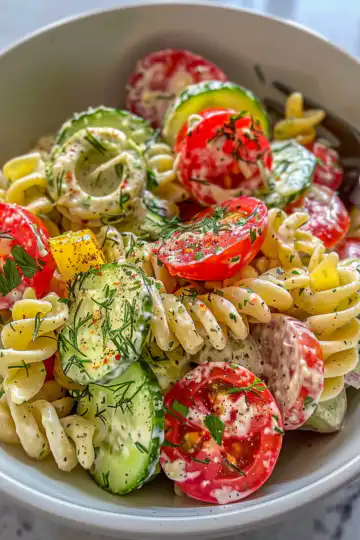 Cucumber Pasta Salad taken with iphone 15 pro max --iw 2 --ar 4:5 --v 6.0 --raw