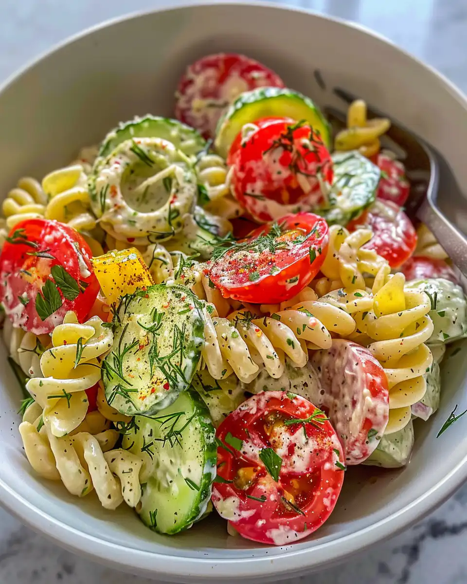 Fresh cucumber pasta salad with feta cheese and tomatoes in a bowl