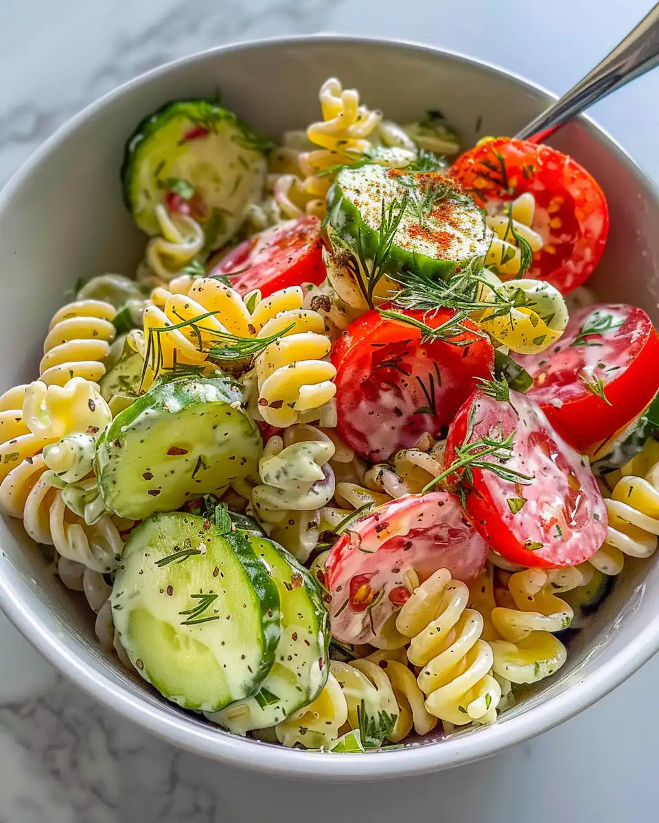 Ingredients for cucumber pasta salad with fresh vegetables and spices