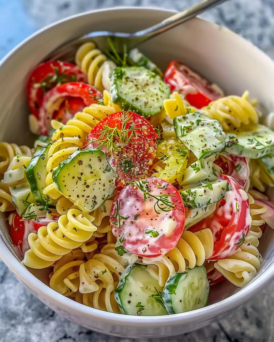 Served cucumber pasta salad ready to enjoy on a plate