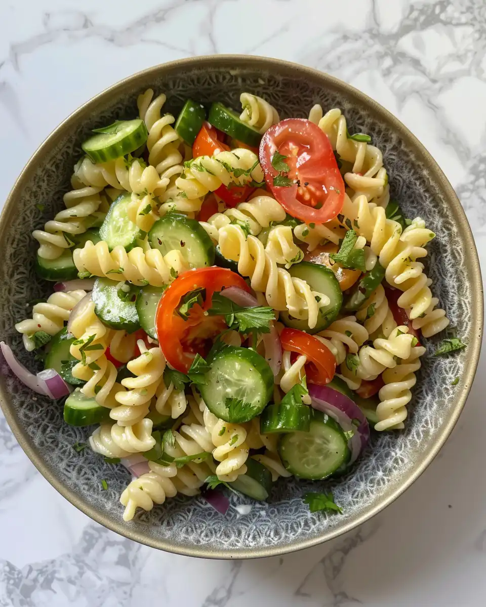 Fresh cucumber pasta salad with vibrant ingredients