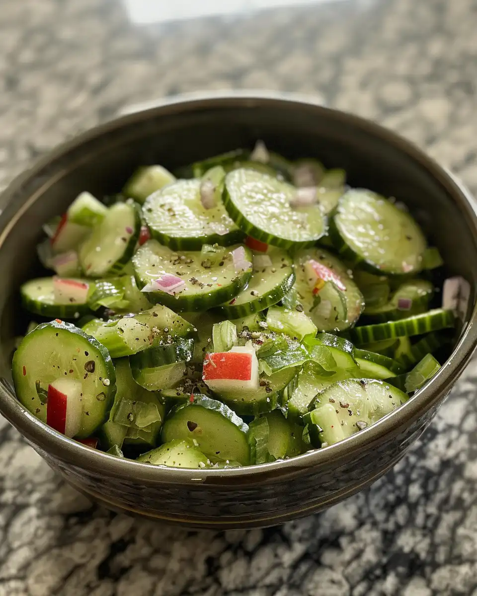 Chilled cucumber ranch crack salad served in a bowl