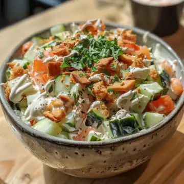 Cucumber Ranch Crack Salad taken with iphone 15 pro max --iw 2 --ar 4:5 --v 6.0 --raw