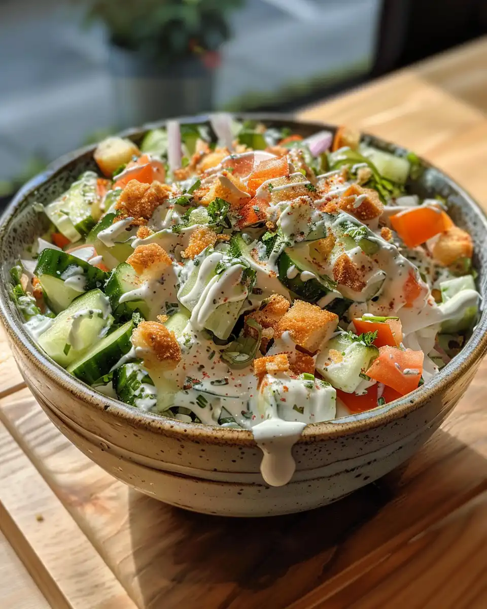 Finished cucumber ranch salad served in a bowl ready to eat