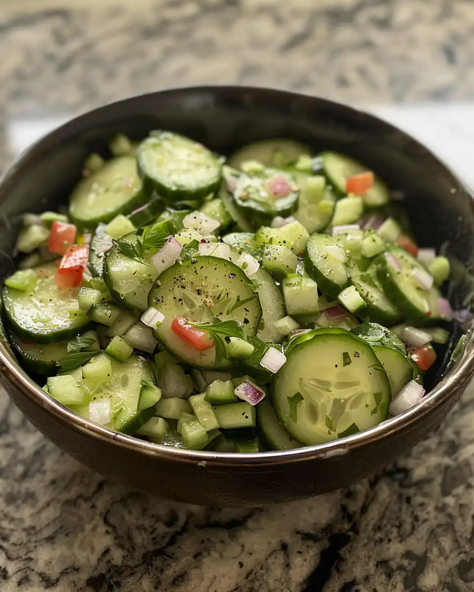 Fresh cucumber ranch crack salad in bowl with creamy dressing