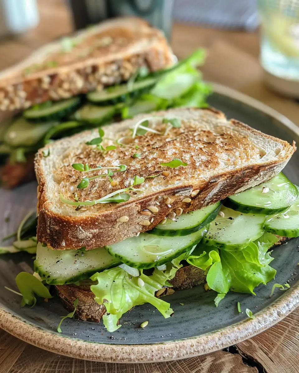 Creamy cucumber spread served on crusty bread sandwich