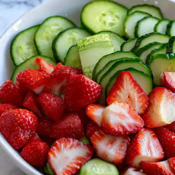 Cucumber Strawberry Salad taken with iphone 15 pro max --iw 2 --ar 4:5 --v 6.0 --raw