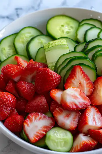 Cucumber Strawberry Salad taken with iphone 15 pro max --iw 2 --ar 4:5 --v 6.0 --raw