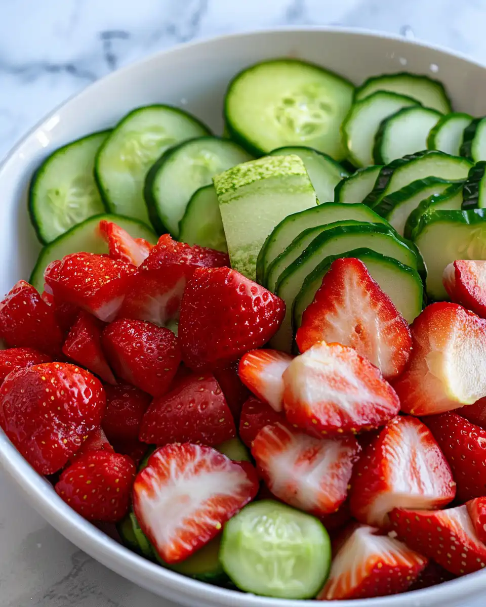 Freshly sliced strawberries and cucumbers glistening in bowl ready for salad
