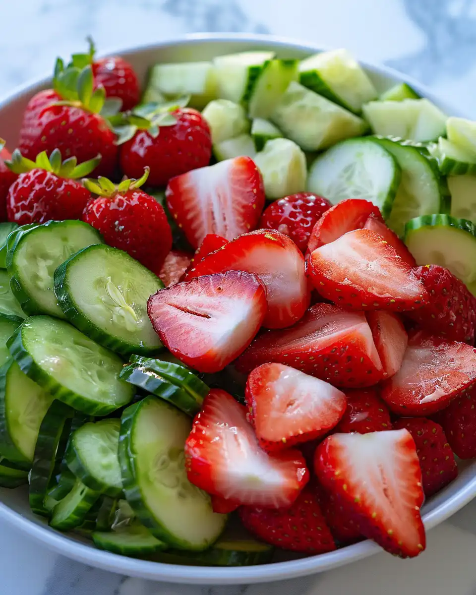 Ingredients for cucumber strawberry salad including balsamic, honey, mint, and utensils