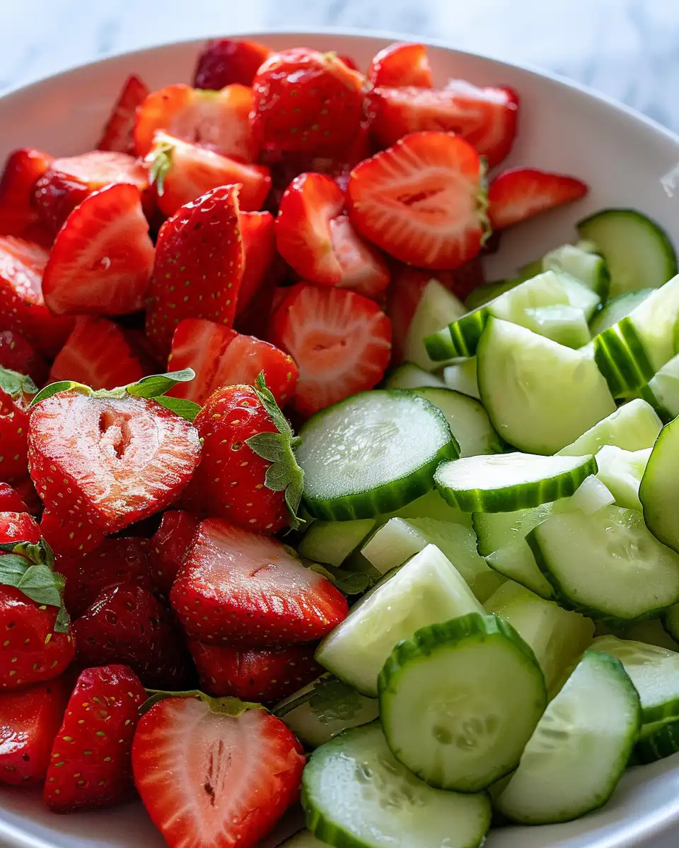 Serving of finished cucumber and strawberry salad in bowl ready to enjoy