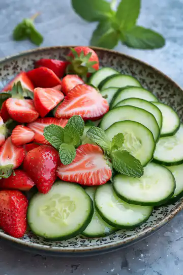 Cucumber Strawberry Salad taken with iphone 15 pro max --iw 2 --ar 4:5 --v 6.0 --raw