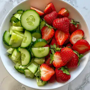 Cucumber Strawberry Salad taken with iphone 15 pro max --iw 2 --ar 4:5 --v 6.0 --raw