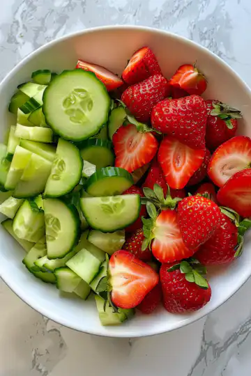Cucumber Strawberry Salad taken with iphone 15 pro max --iw 2 --ar 4:5 --v 6.0 --raw