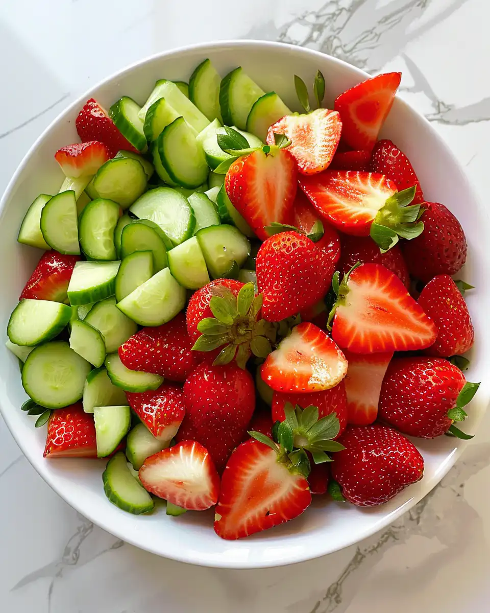 Sliced ingredients: cucumber chunks, strawberries, and fresh julienned mint