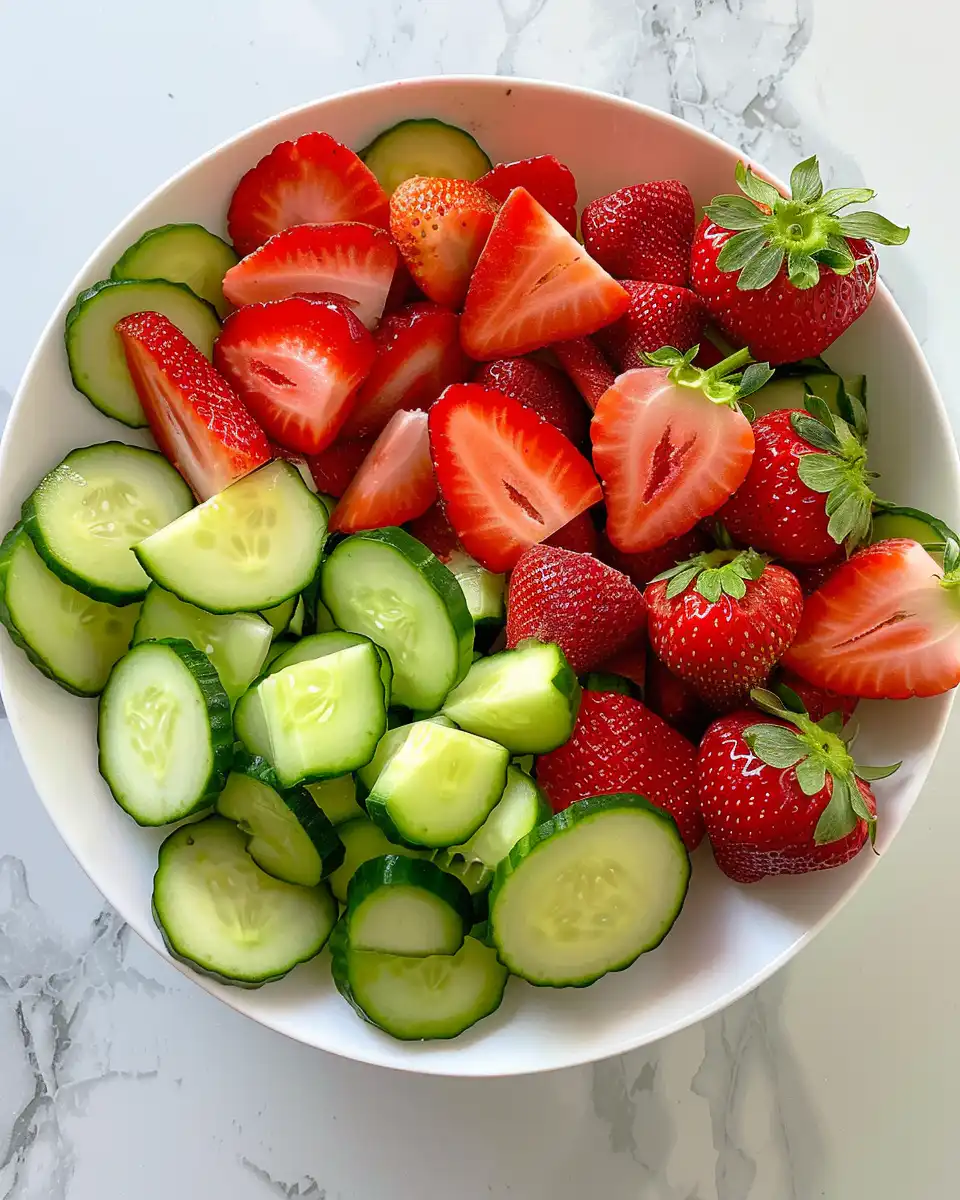 Finished cucumber strawberry salad served fresh