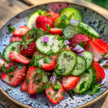 Cucumber Strawberry Salad taken with iphone 15 pro max --iw 2 --ar 4:5 --v 6.0 --raw