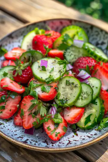 Cucumber Strawberry Salad taken with iphone 15 pro max --iw 2 --ar 4:5 --v 6.0 --raw