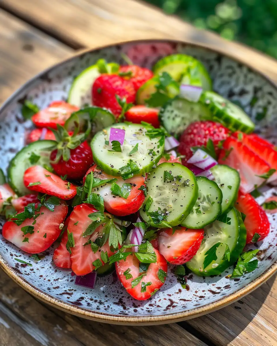 Fresh cucumber strawberry salad in a bowl with honey balsamic dressing
