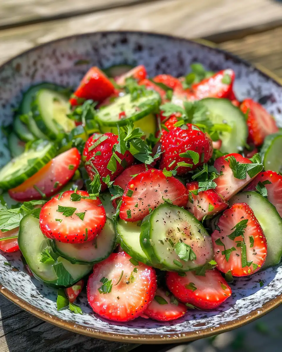 Ingredients for cucumber strawberry salad including fresh mint and balsamic dressing