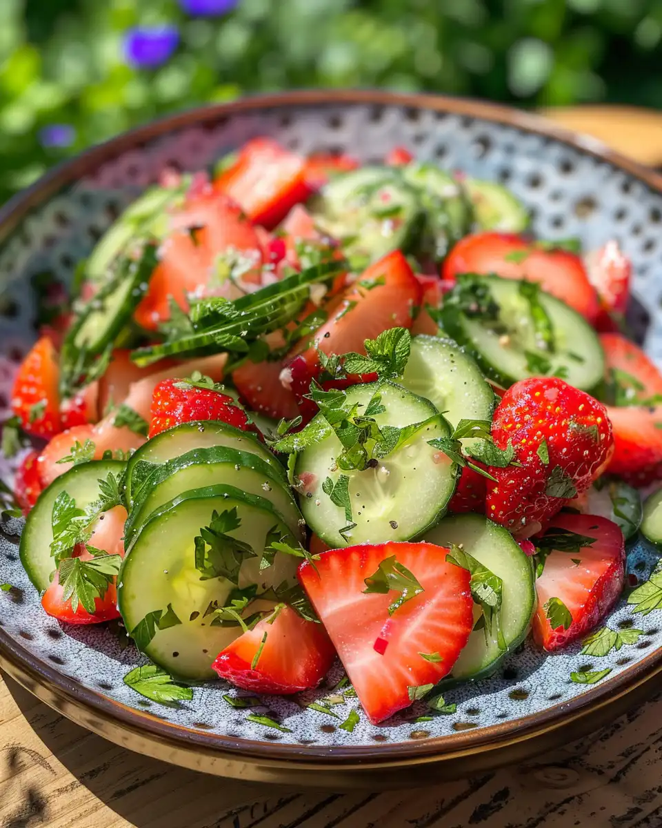 Freshly served cucumber strawberry salad in a bowl ready to eat