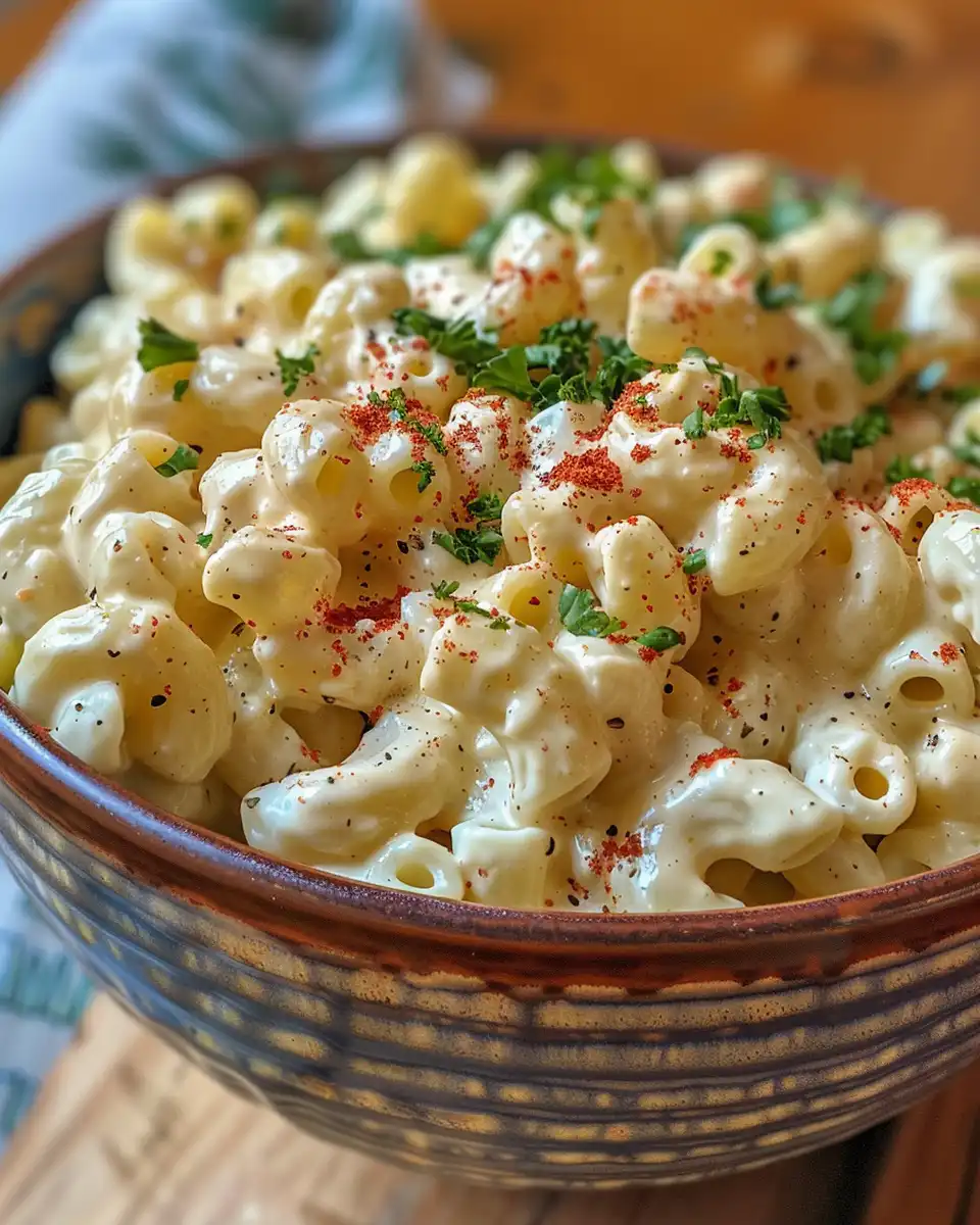 Finished creamy deviled egg macaroni salad served
