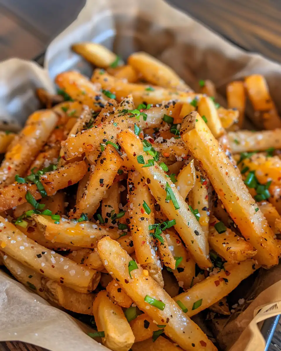 Final cheesy Cajun fries dish topped with sour cream and fresh herbs