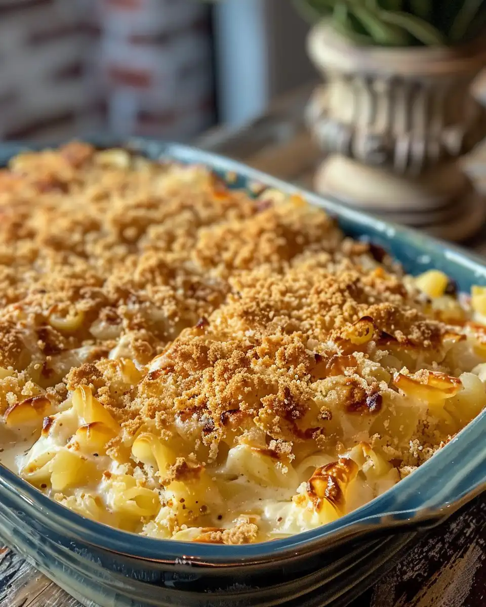 Baked chicken casserole with melted cheese and golden crushed cracker topping served in a dish