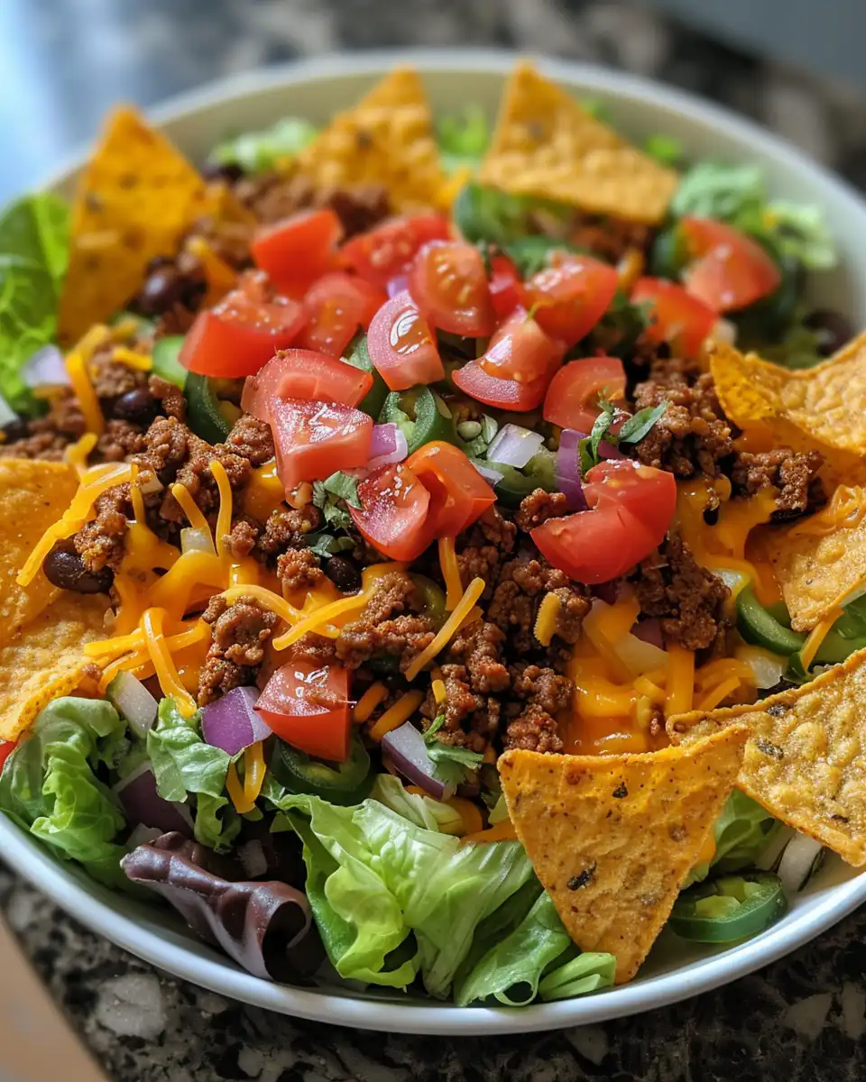 Ingredients for taco salad arranged in bowl with fresh vegetables