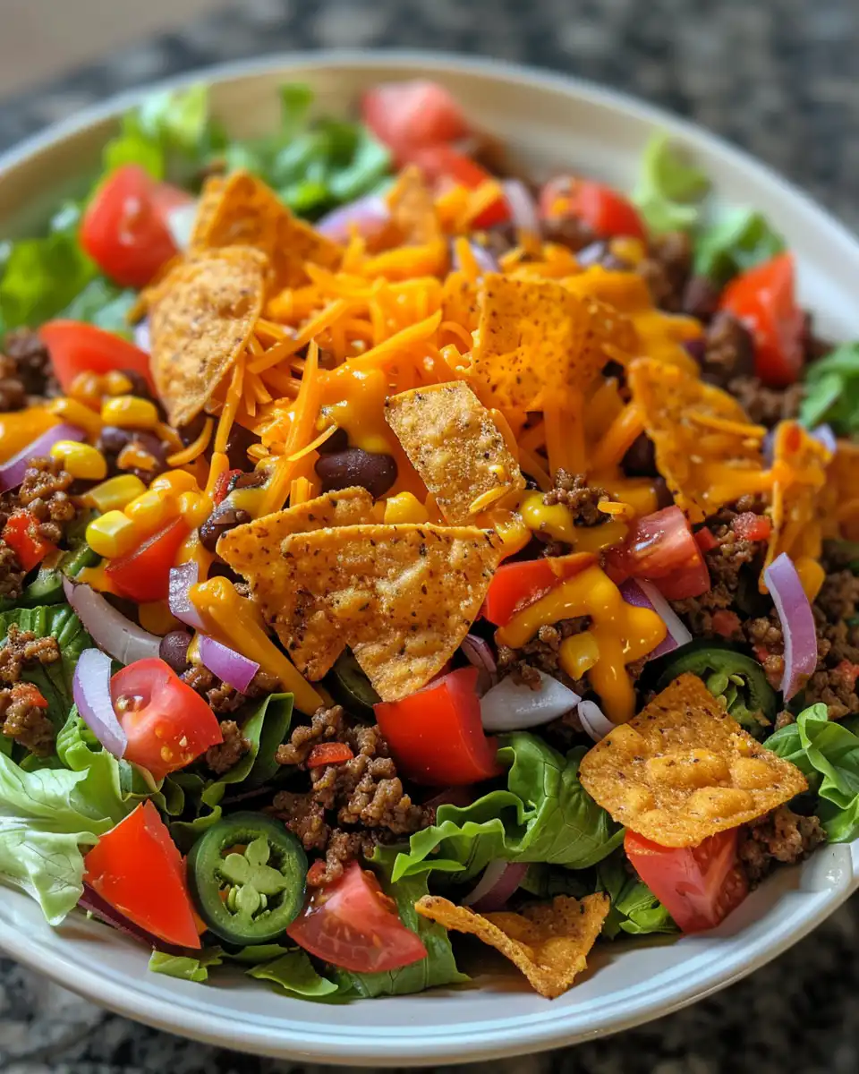 Close-up of final taco salad with melted cheddar and crushed Doritos topping