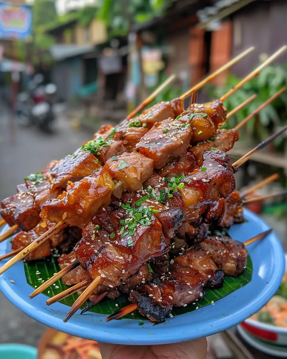Grilled Filipino pork barbecue skewers with glaze after pressure cooking