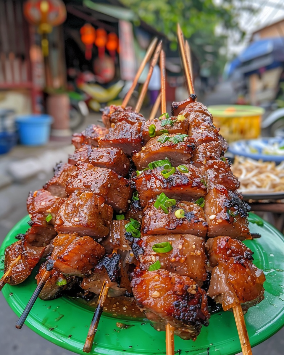Close up of easy Filipino pork barbecue skewers fresh from pressure cooker