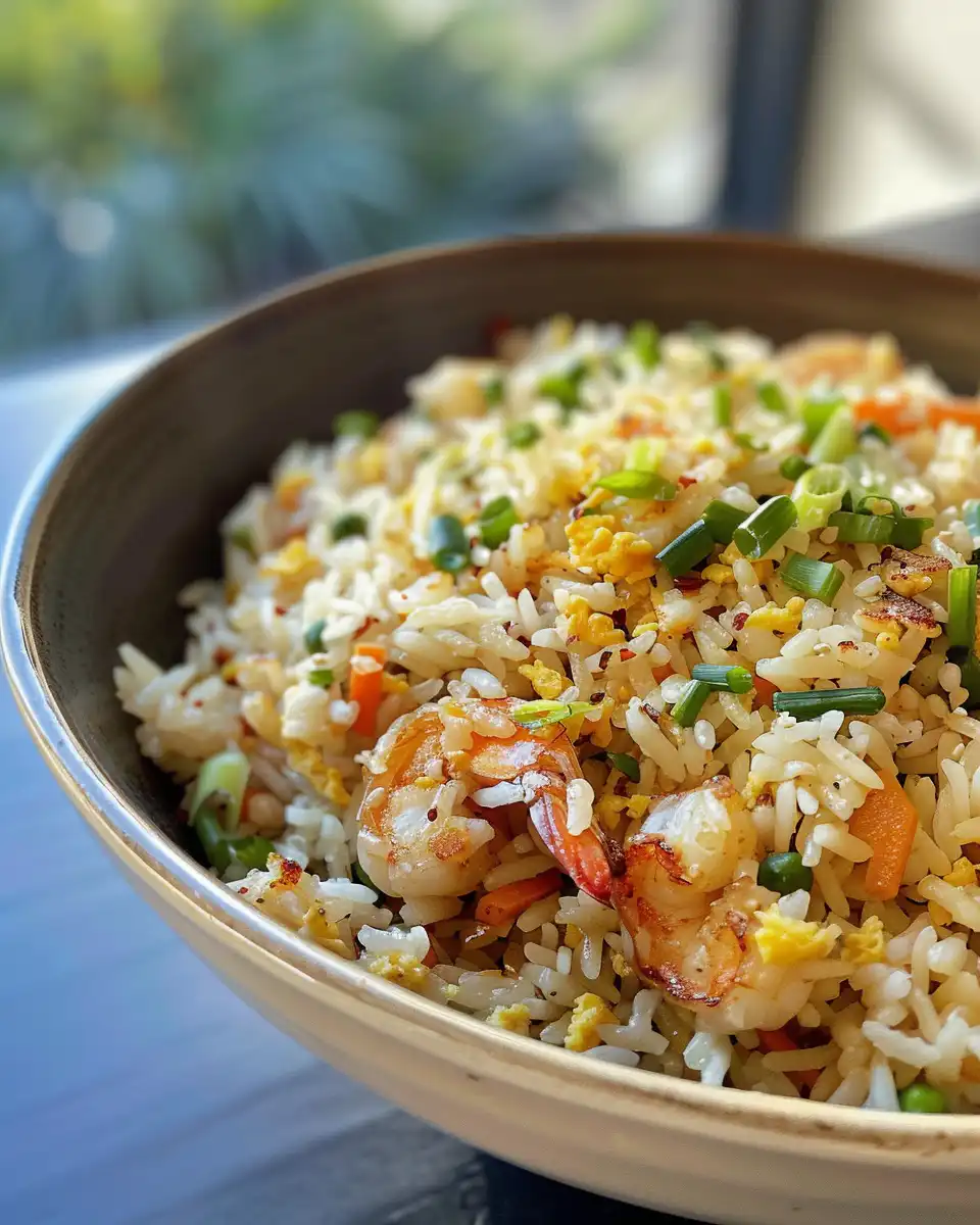 Ingredients for pressure cooker fried rice gathered in bowls including carrots, peas, eggs and sauces