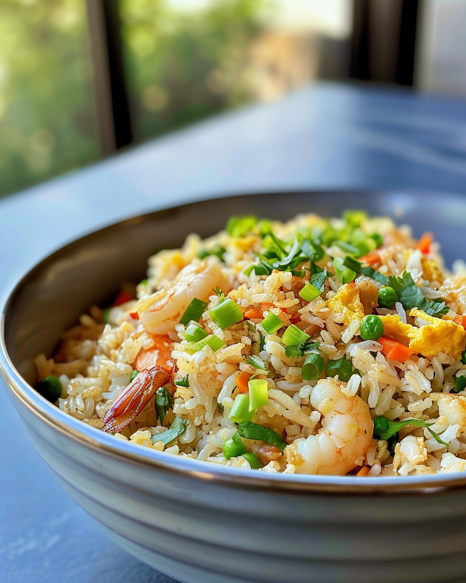 Serving of freshly made fried rice garnished with green onions and ready to eat