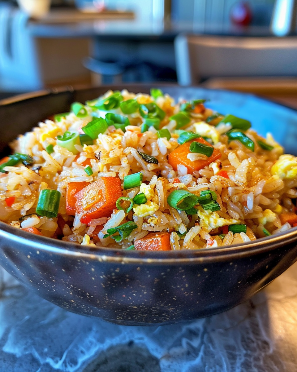 Freshly cooked pressure cooker fried rice steaming hot in the pot