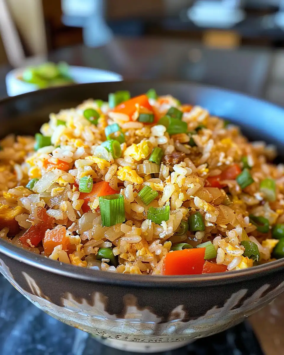Plated pressure cooker fried rice garnished with green onions ready to enjoy