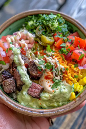 Easy Steak Queso Bowl taken with iphone 15 pro max --iw 2 --ar 4:5 --v 6.0 --raw