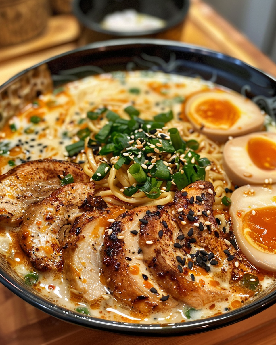 Ingredients including chicken, broccoli, garlic, and noodles for fiery chicken ramen