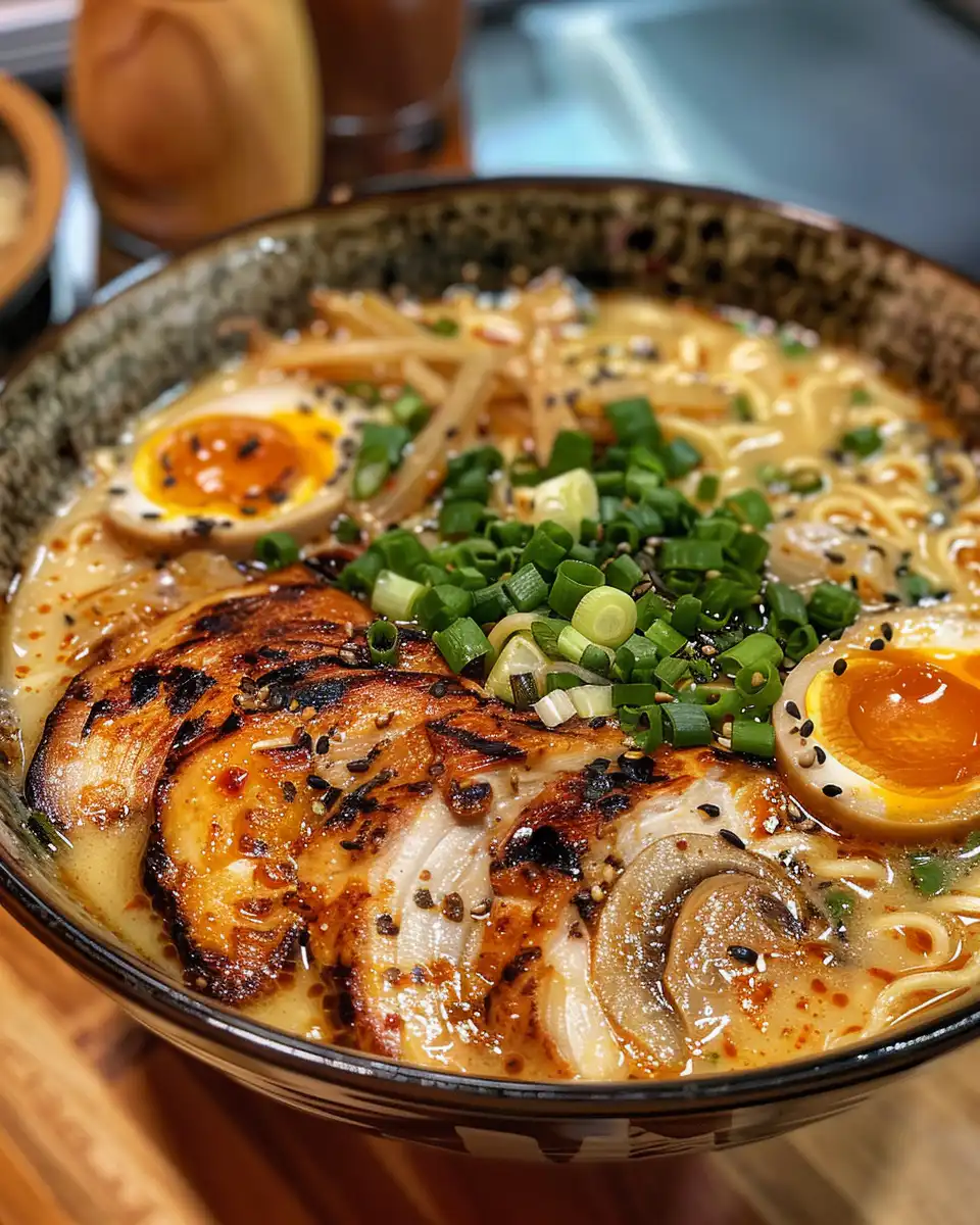 Finished bowl of fiery chicken ramen with creamy garlic sauce garnished and ready to eat