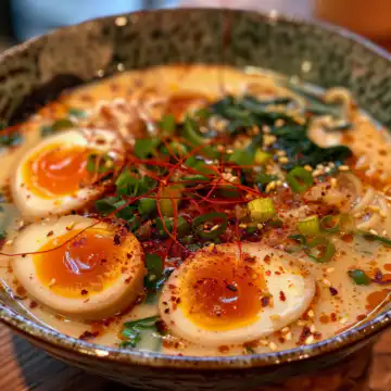 Fiery Chicken Ramen with Creamy Garlic Sauce taken with iphone 15 pro max --iw 2 --ar 4:5 --v 6.0 --raw