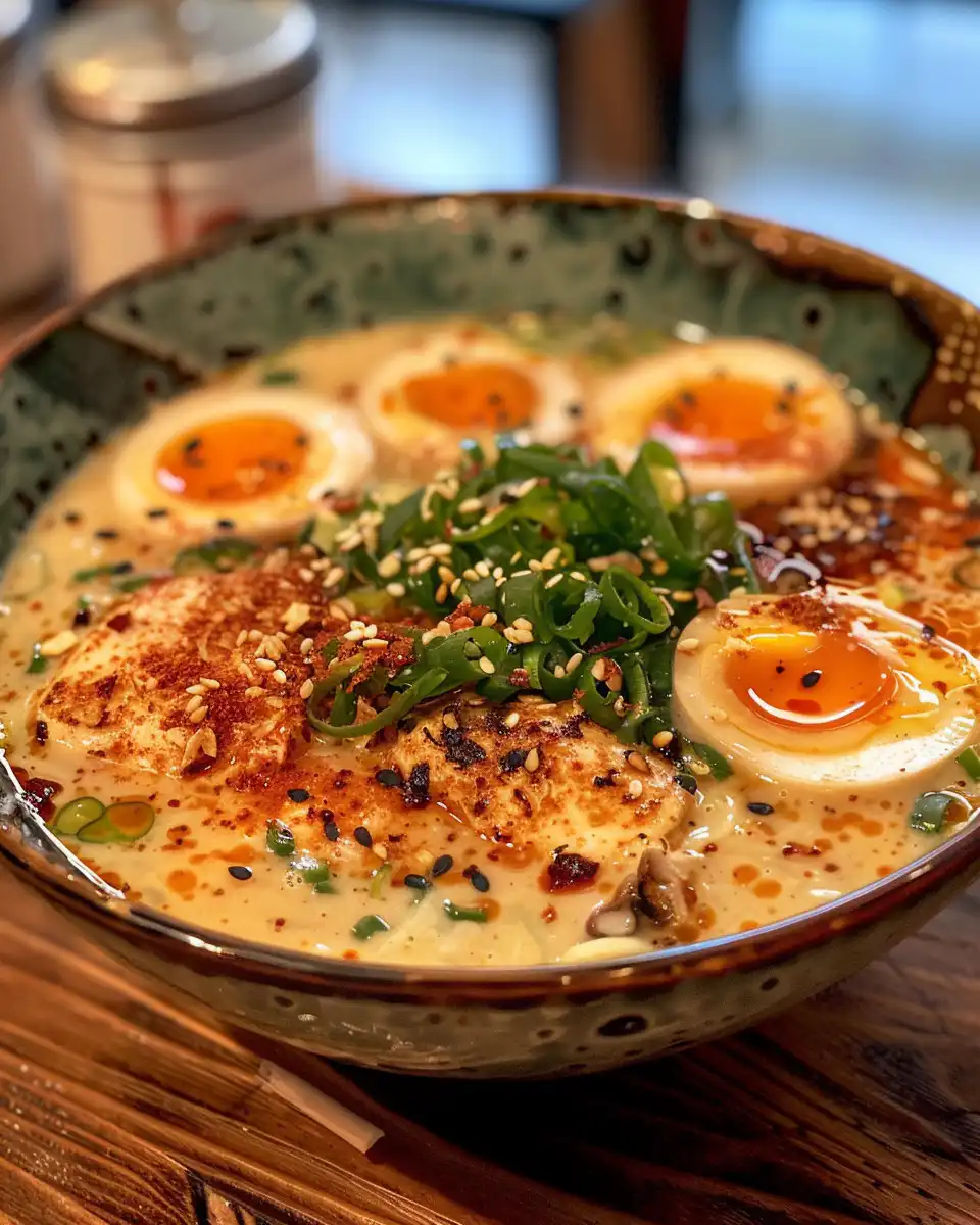 Served bowl of fiery chicken ramen with creamy garlic sauce garnished with green onions