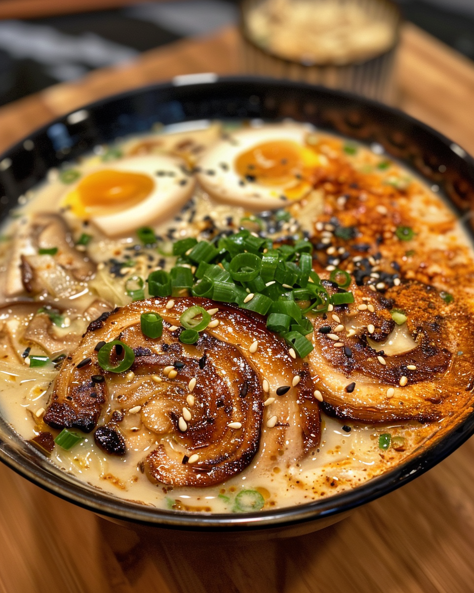 Fiery chicken ramen with creamy garlic sauce in pressure cooker steaming