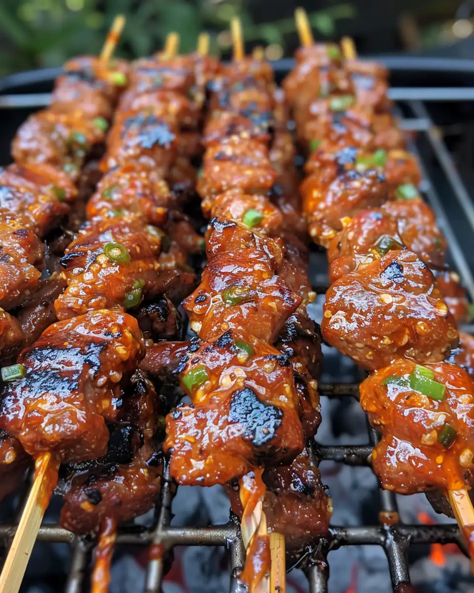 Grilled Filipino pork BBQ skewers brushed with lemon soda glaze