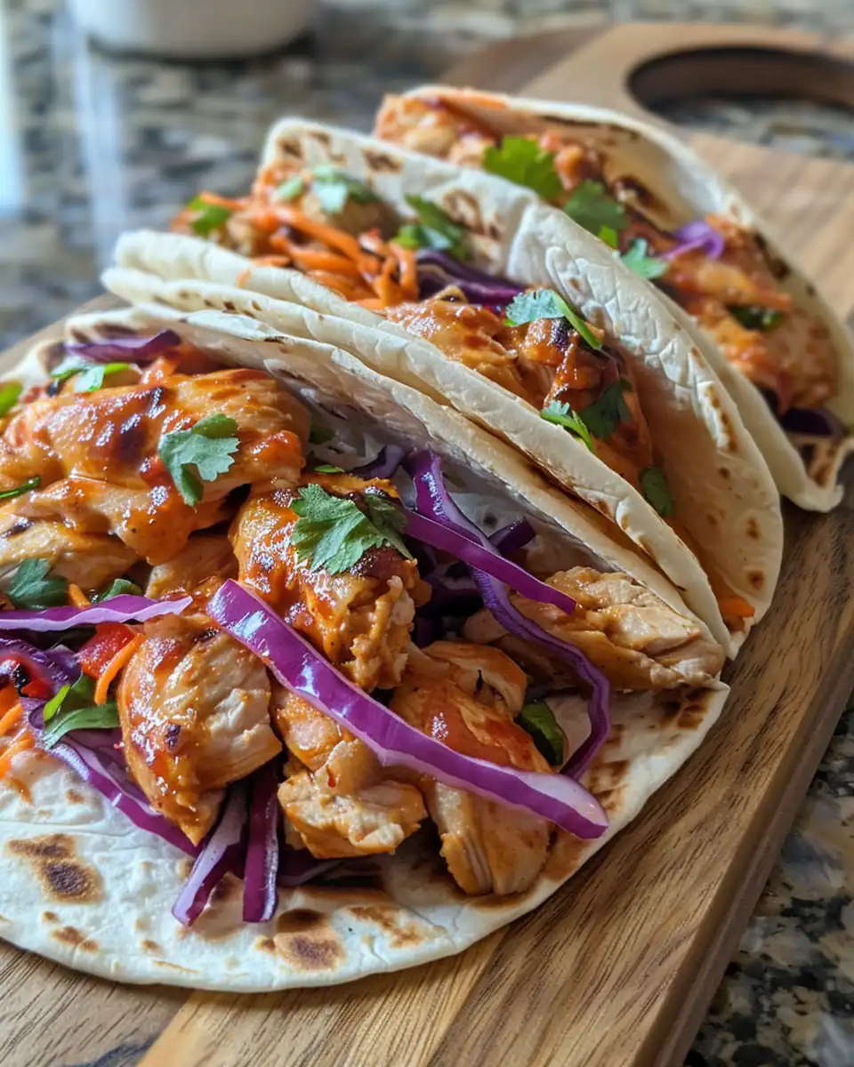 Ingredients for firecracker chicken wraps including chicken, spices, tortillas, and vegetables