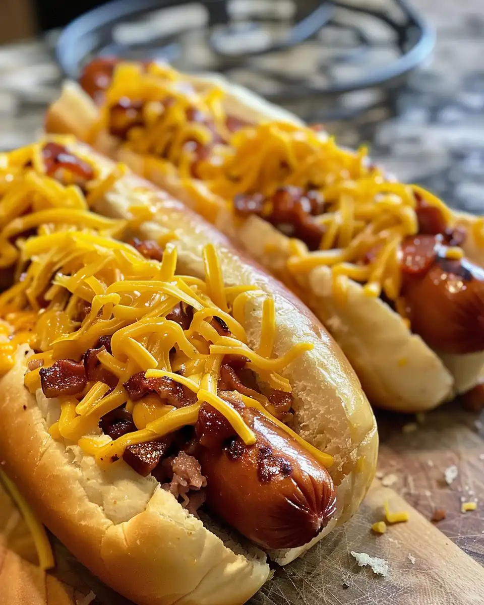 Finished Firecracker Hot Dogs with melted cheese and jalape f1os