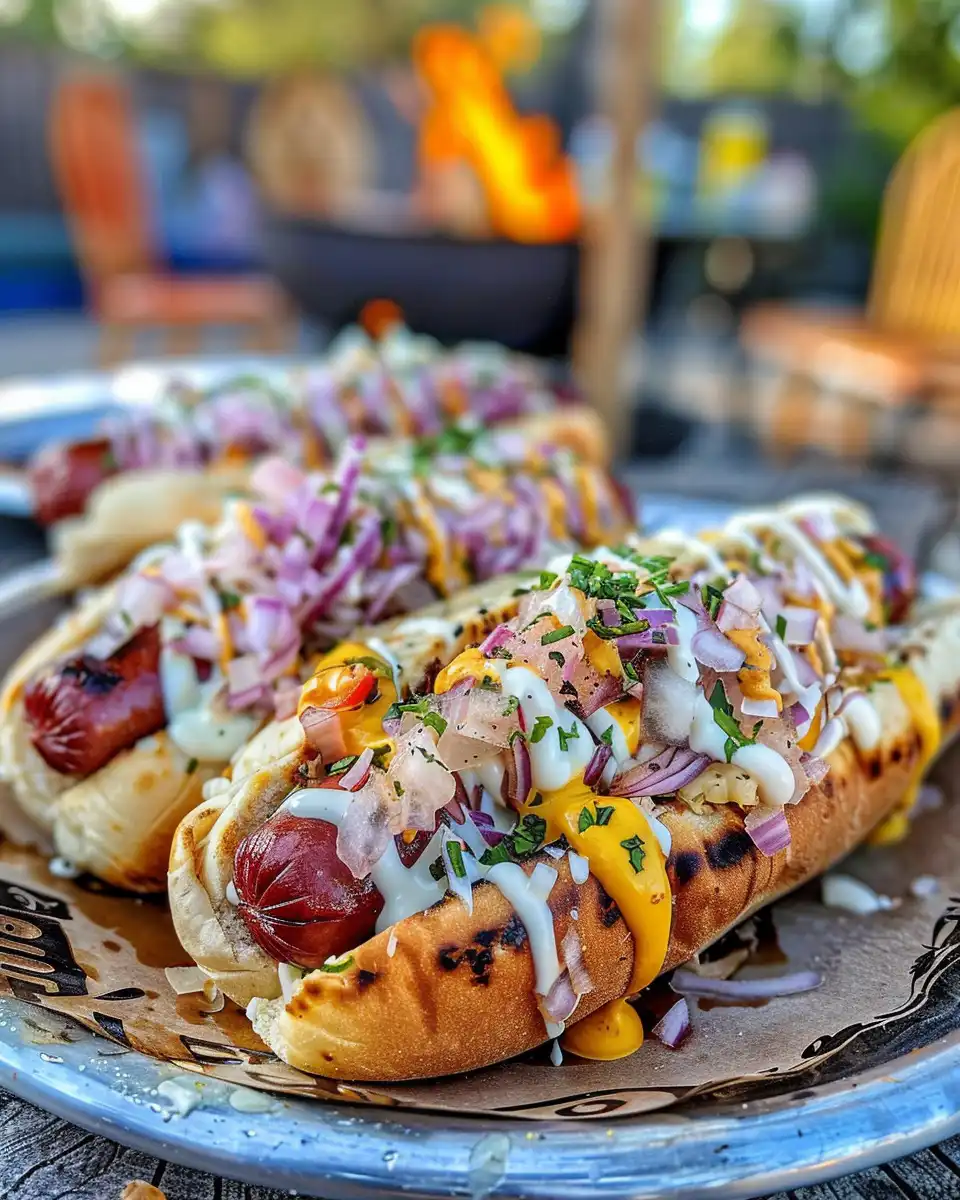 Finished firecracker hot dogs served with oozing cheese and barbecue sauce