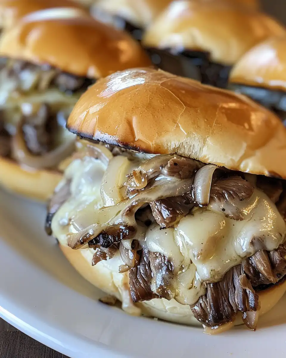 Baked French Dip Sliders fresh out of the oven with melted cheese and golden buns